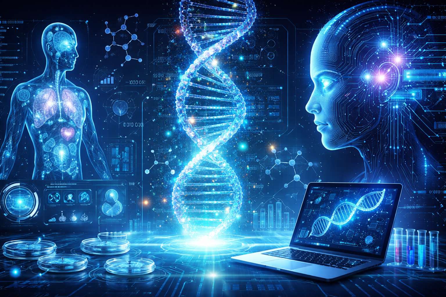 Bioinformatics and AI convergence illustration