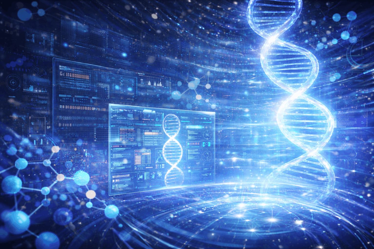 Futuristic DNA data visualization scene