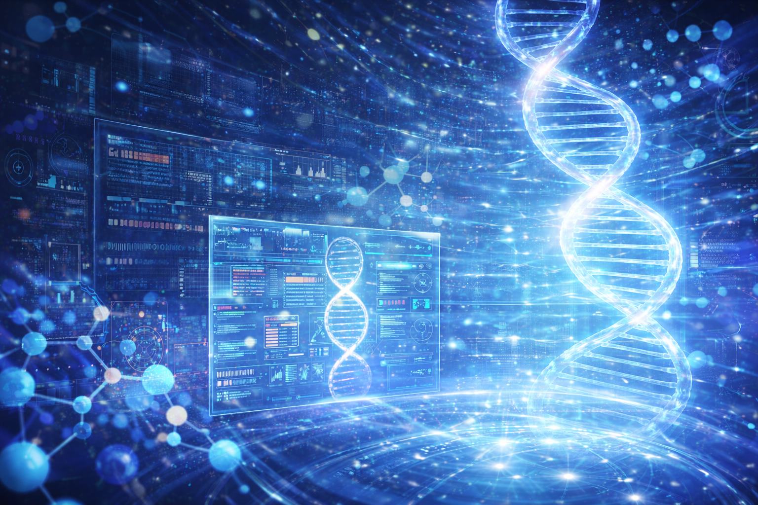 Futuristic bioinformatics with glowing DNA helix